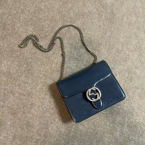 Gucci Women's Interlocking Patent Leather Shoulder Bag Green Blue, MSRP $1,650